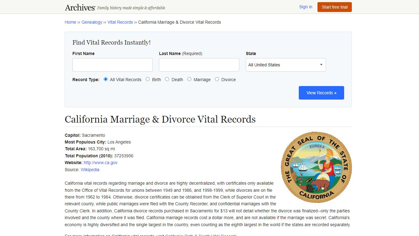 California Marriage & Divorce Vital Records - Archives.com