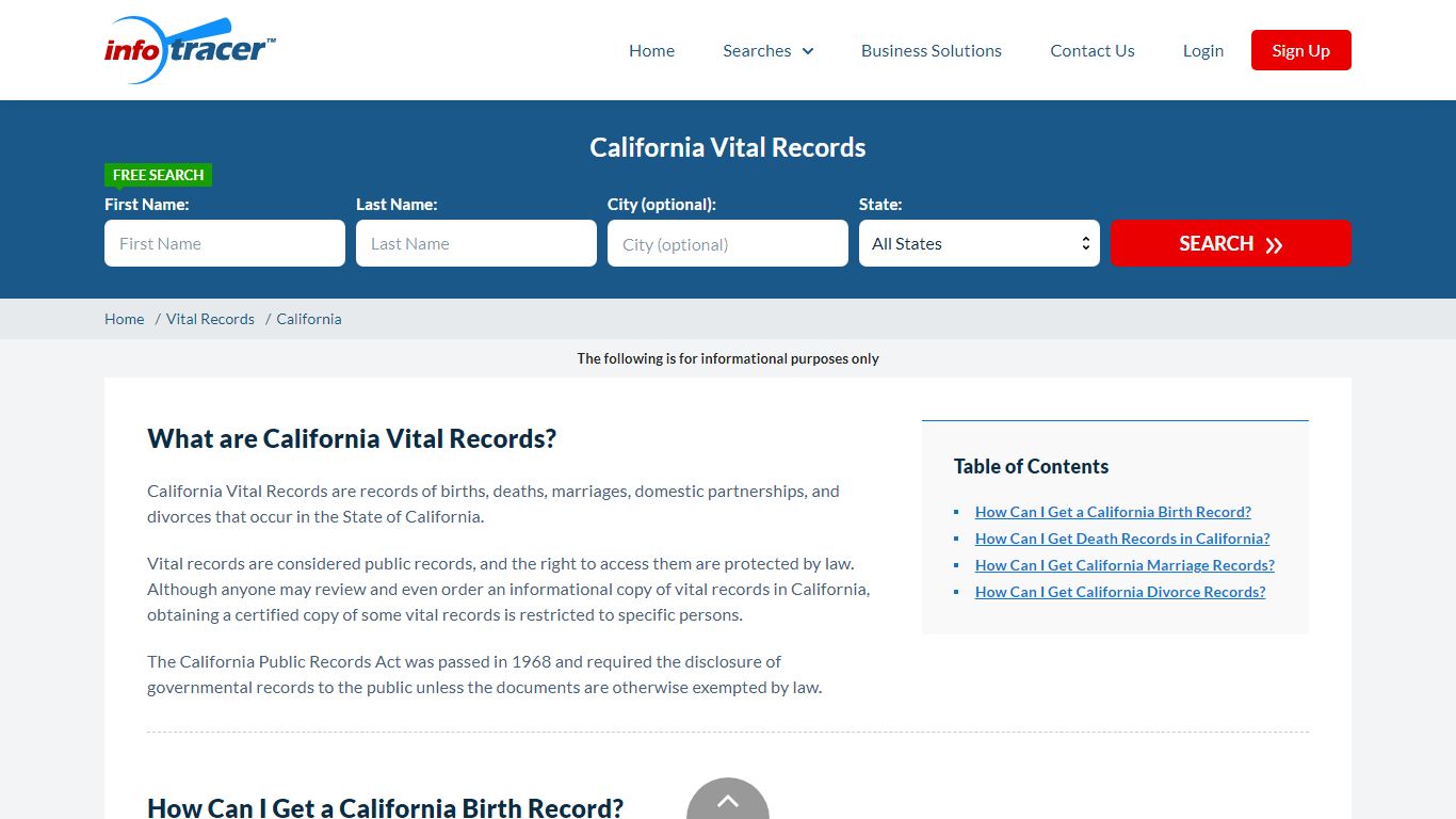 California Vital Records | Birth, Marriage, Divorce, Death - InfoTracer